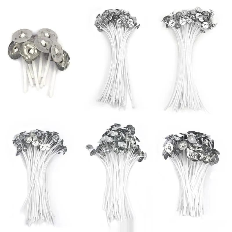 White cotton candle wicks for DIY making showing three length options: 2.6cm, 6cm, and 8cm