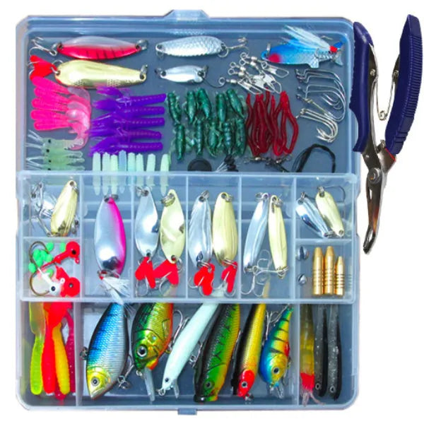 132-piece fishing lure set with soft plastic baits and steel hooks in rose red colour scheme