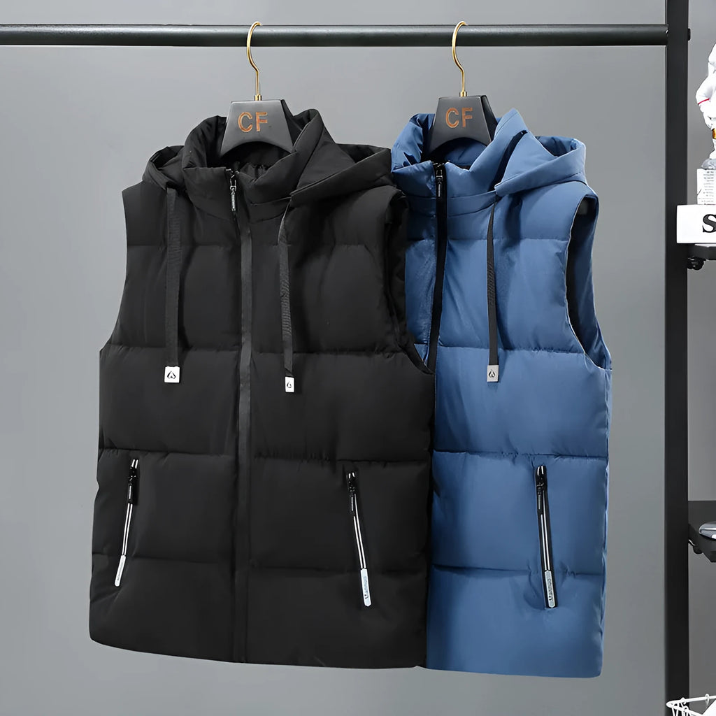 Men's warm thickened solid colour polyester vest with removable cap and straight hem, in blue or black, front view