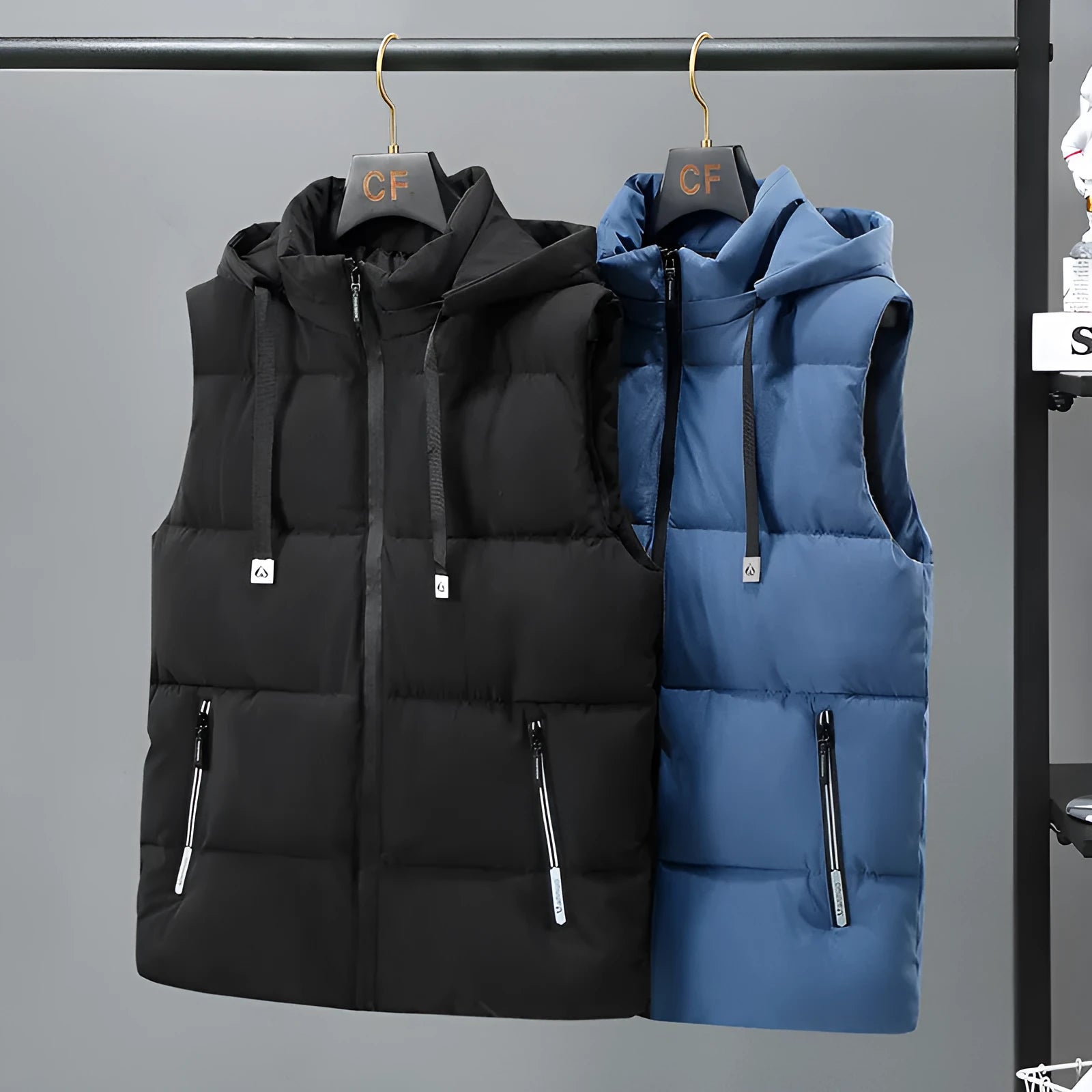 Men's warm thickened solid colour polyester vest with removable cap and straight hem, in blue or black, front view