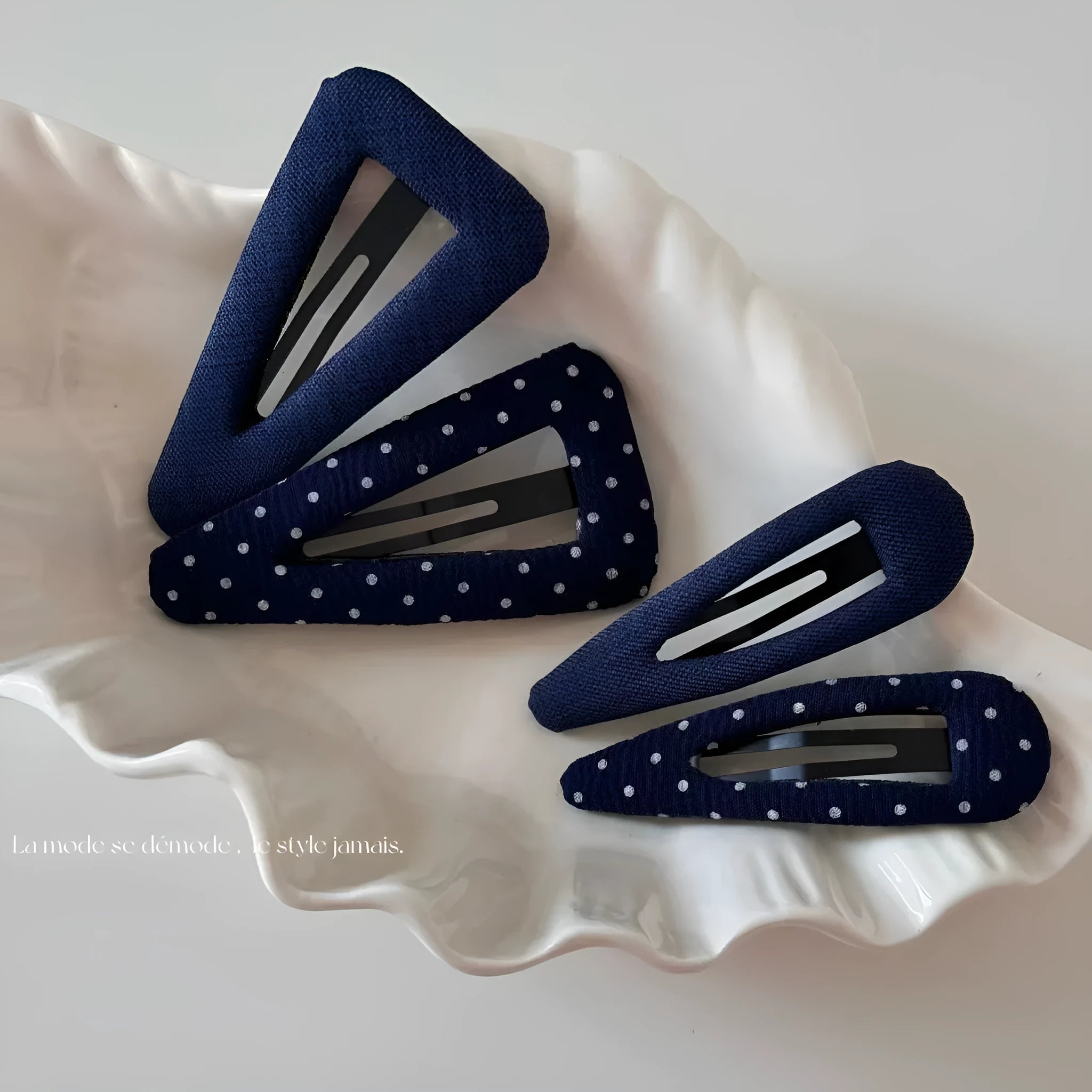 Retro dot side barrettes for women in triangle and water drop styles with dark denim and polka dot motifs.