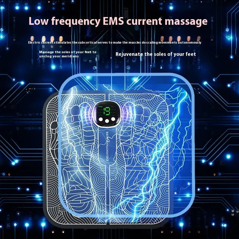 Blue USB-rechargeable foot massager mat with remote control on a wooden floor.
