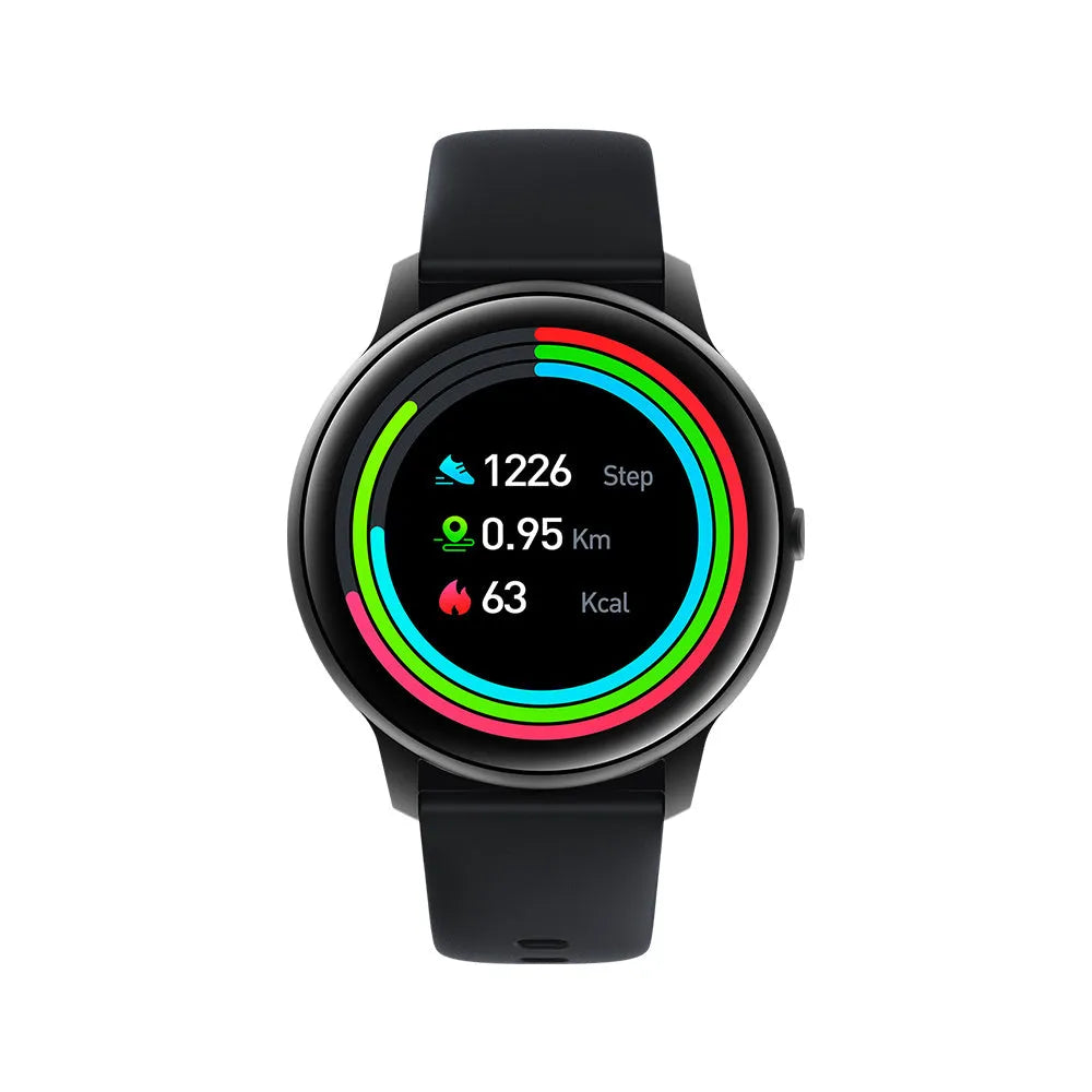 IMILAB KW66 smart watch black front view with 1.28 inch TFT screen and alloy case