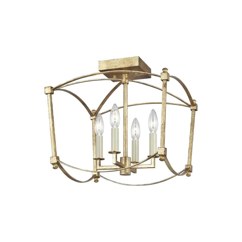 4-head iron droplight ceiling lamp in gold foil finish on a white ceiling with simple villa stair setting