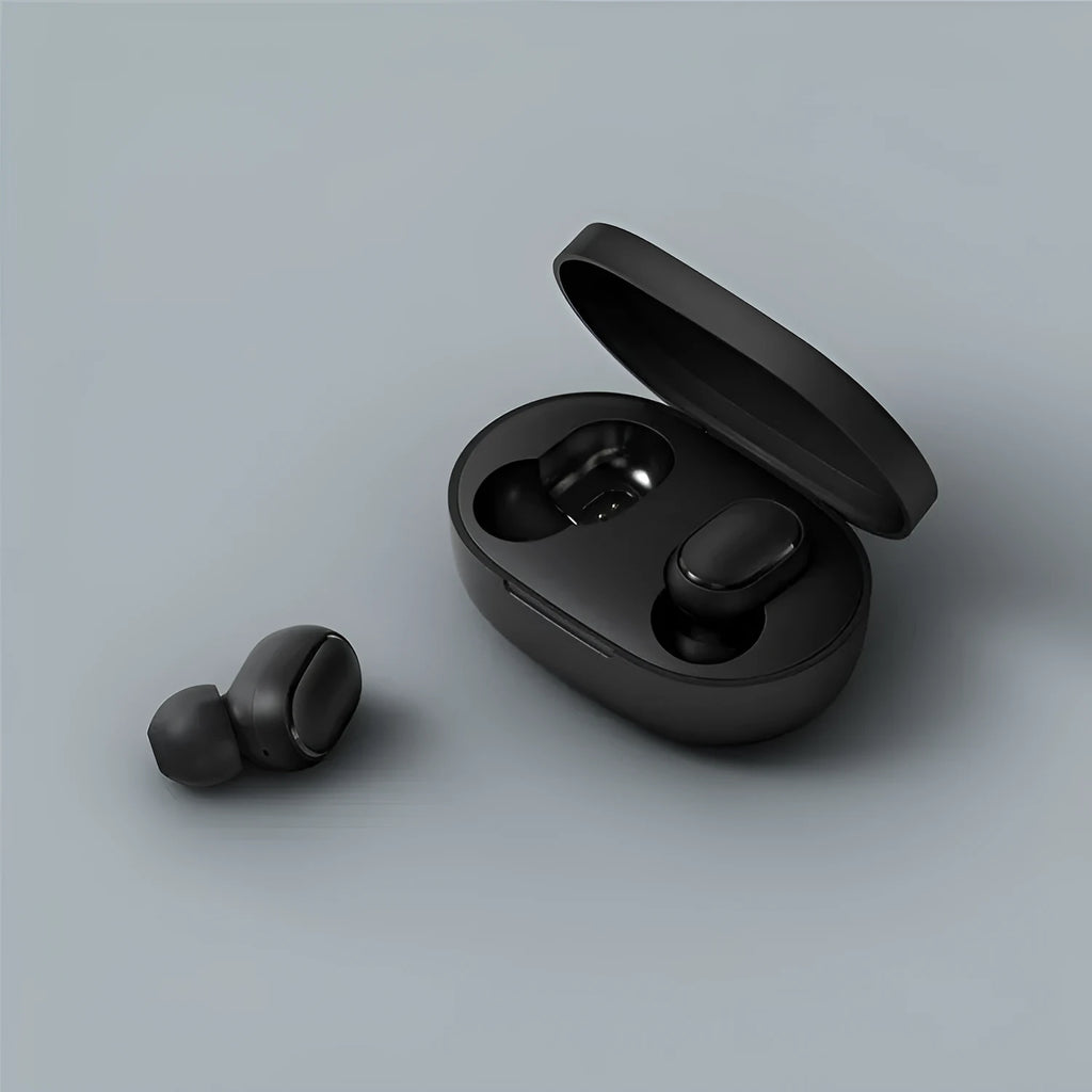 Redmi AirDots True Wireless black earbuds and charging case on a white background.