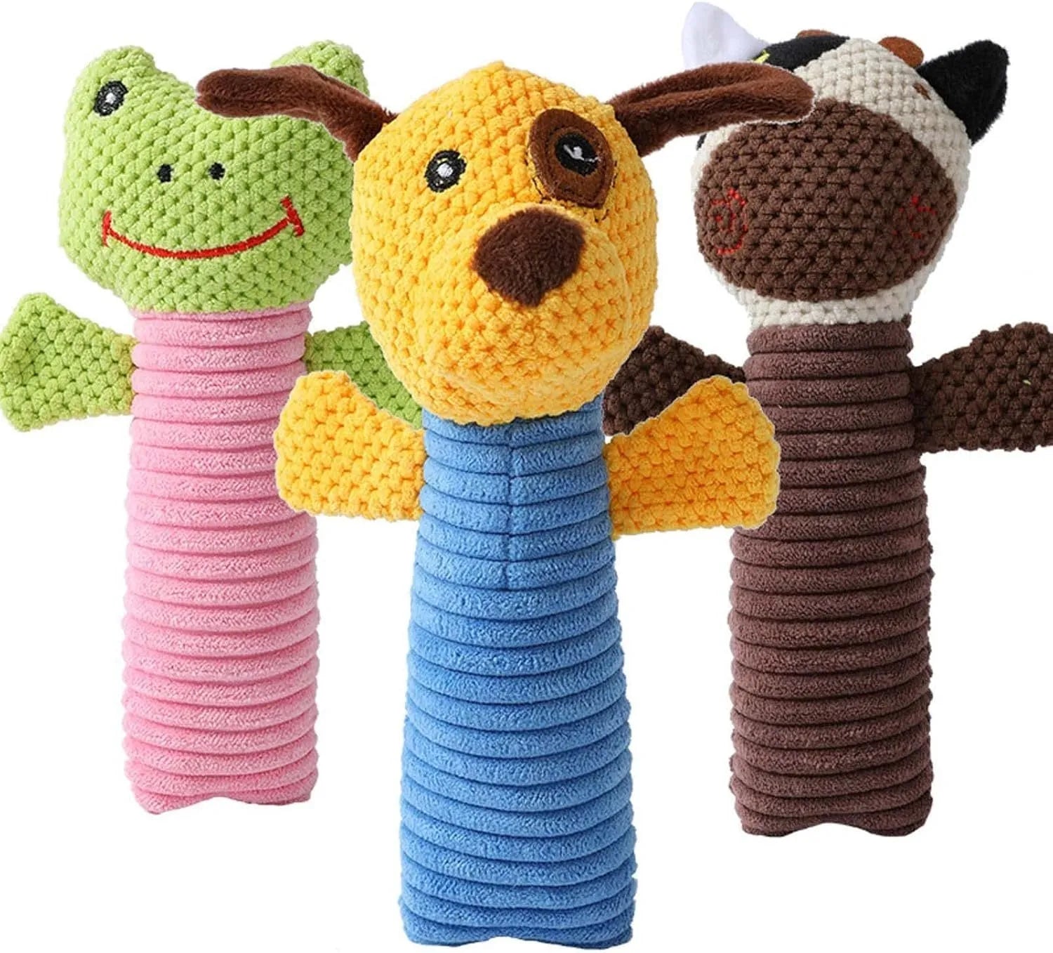 Dog squeaky toy stuffed animal dental chew toy in calves, frogs or puppies design