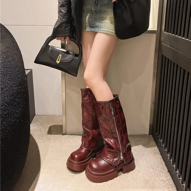 Platform muffin pants Martin boots with high cylinder design and square heel in black colour