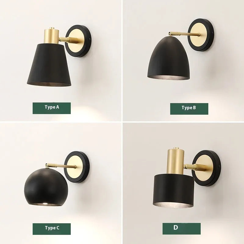 Nordic style iron wall lamp in one of four style variations for bedside or sofa lighting.