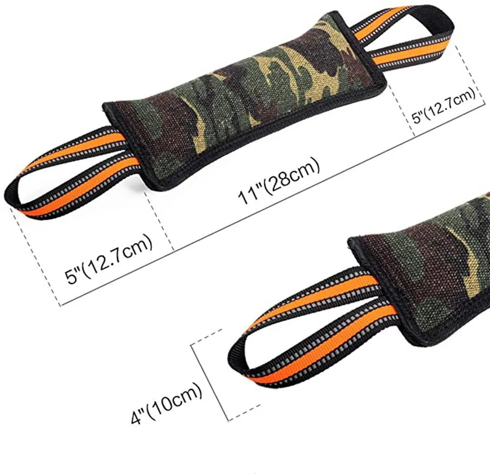 Reflective dog training bite stick with jute surface and yellow edge, 55cm total length, on outdoor ground