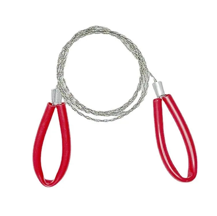 German stainless steel survival wire saw showing four-strand cutting wire with black and red colour options