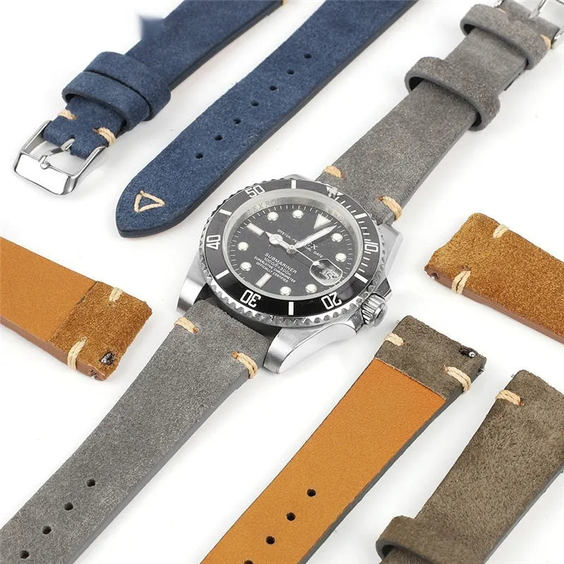 Genuine suede leather watch strap in ethnic style, shown in brown, blue, grey, Army Green colours for 20mm and 22mm widths.