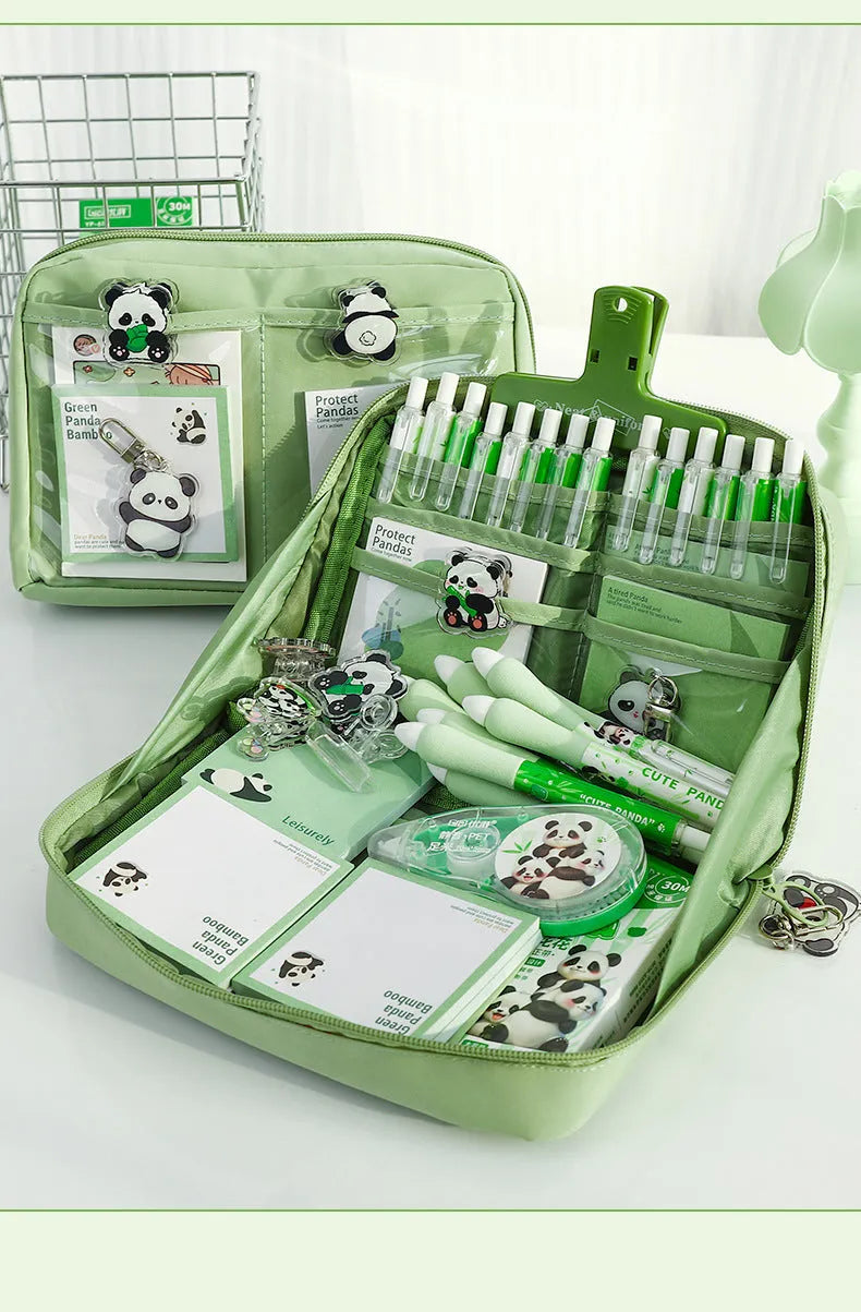 Green 12-layer canvas pencil case with layered storage compartments for pens and pencils, Korean style