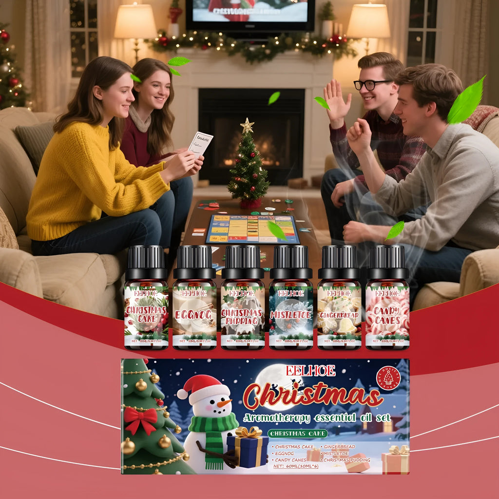 Christmas aromatherapy oil set showing six bottles in two sizes for seasonal home fragrance
