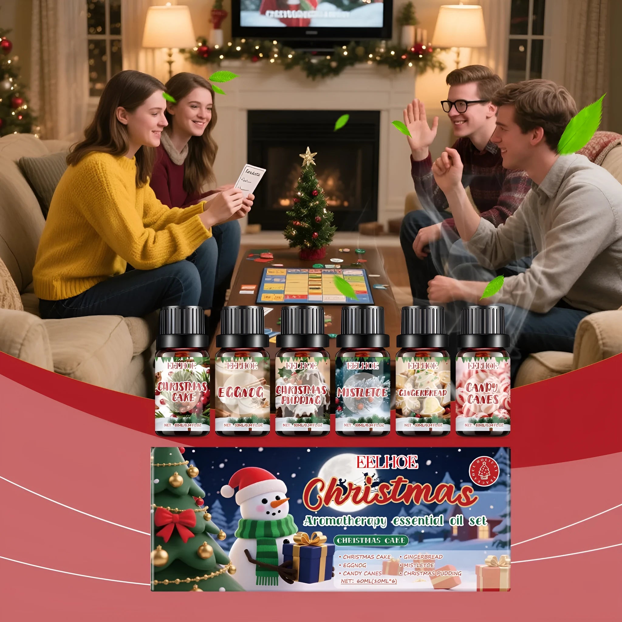Christmas aromatherapy oil set showing six bottles in two sizes for seasonal home fragrance
