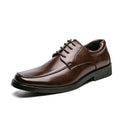 Men's low-top square toe business casual leather shoes in black with sewing thread detailing and rubber sole