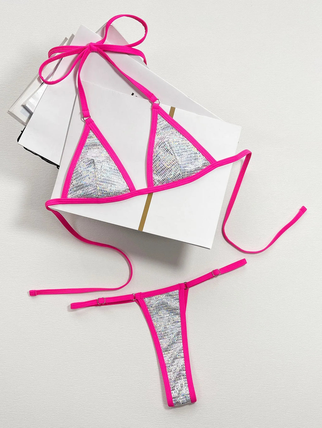 Solid colour silver women's split triangle bag swimsuit made from polyester fibre for swimming