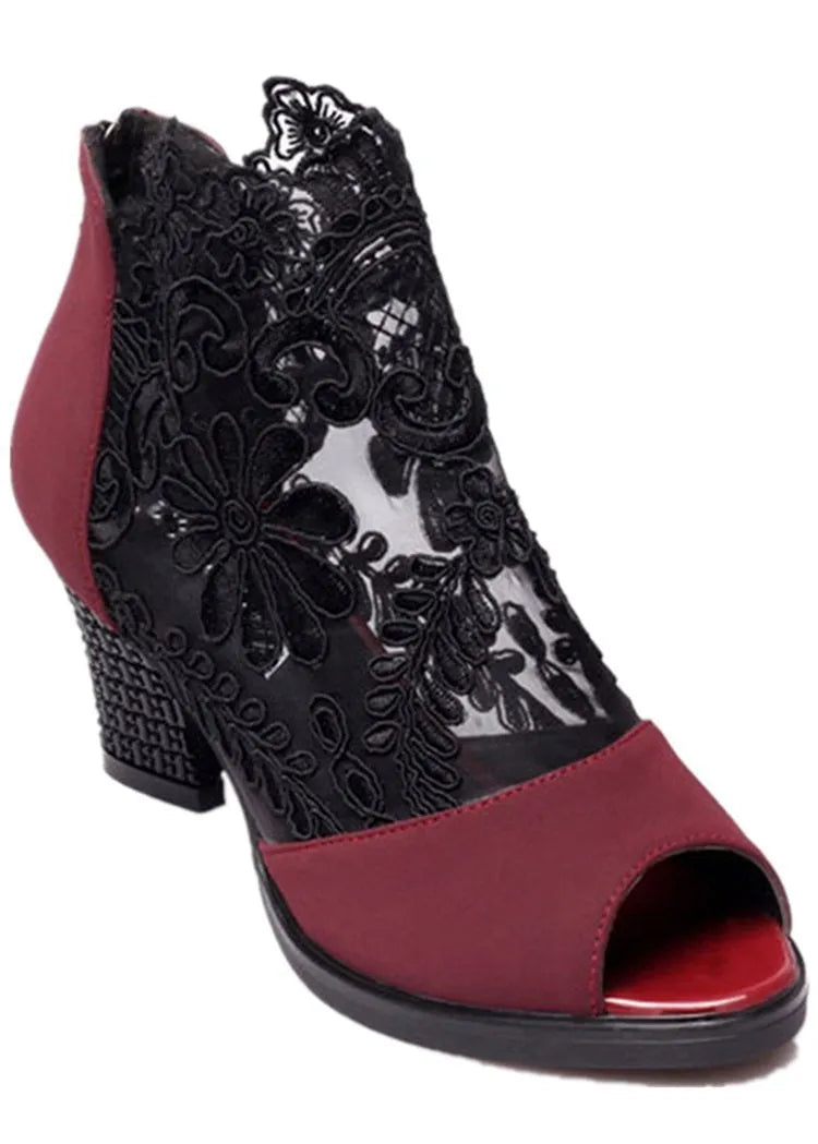 Lucyever women's black lace gladiator sandals with a zip closure and square high heel on a white background.