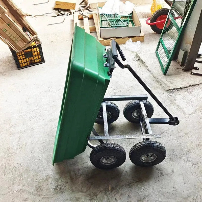 Green four-wheel plastic dump truck with steel PP construction for garden and farm material transport