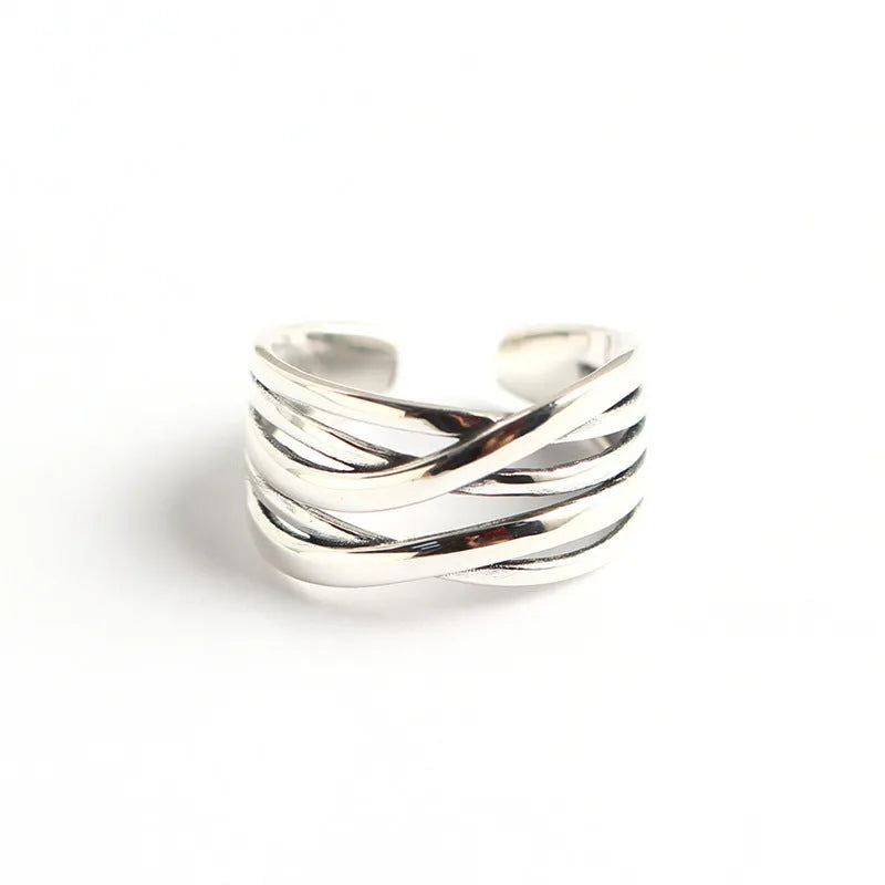 S925 sterling silver vintage weave ring for women, retro silver finish, handcrafted weave band