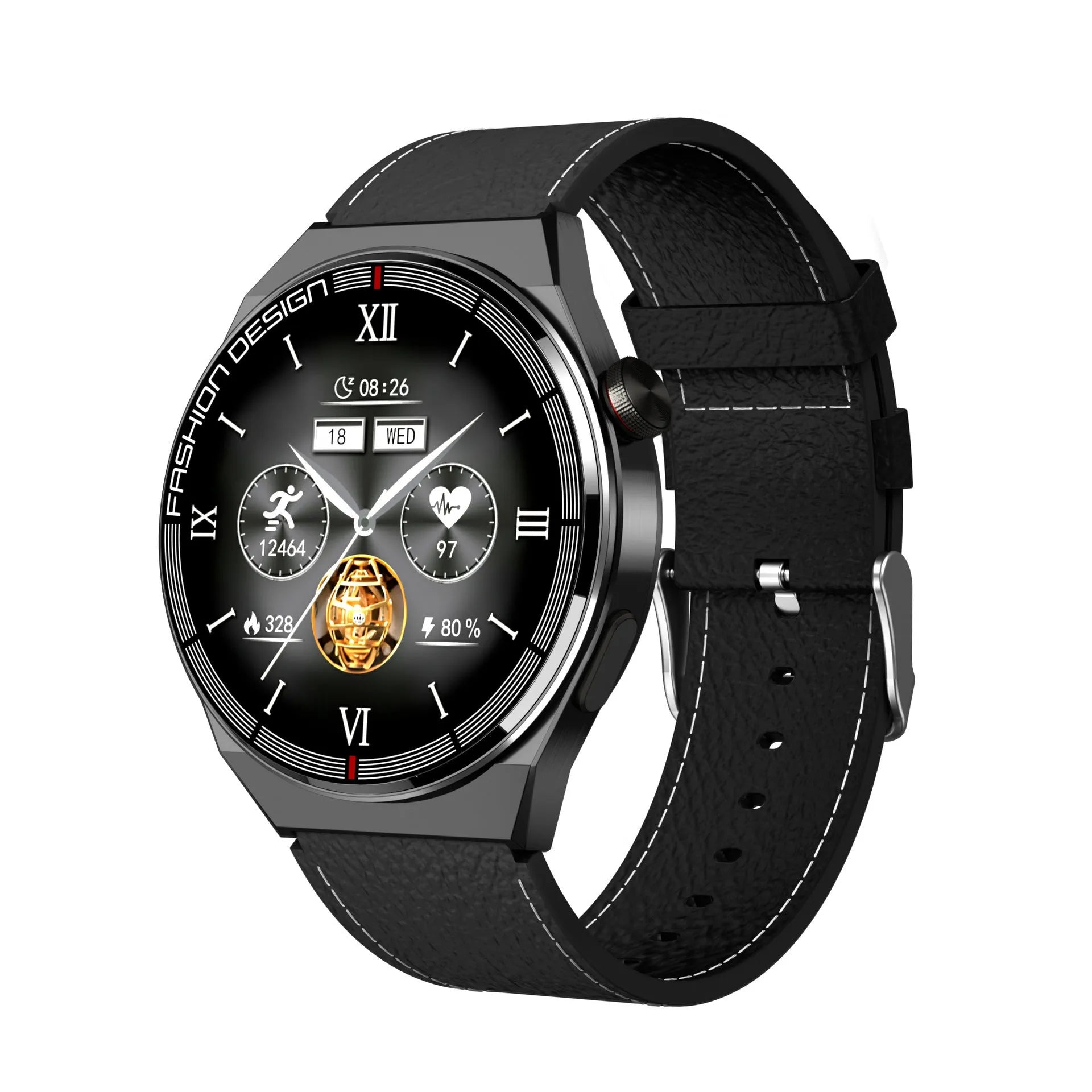 Black and silver Bluetooth NFC smartwatch with 1.28 inch glass screen and silicone strap for heart rate monitoring