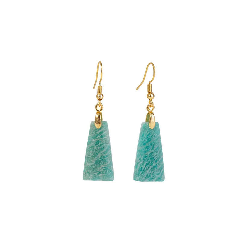 Amazonite rough stone trapezoid cut earrings with geometric design in gold setting