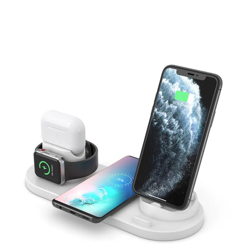 Multifunctional 6-in-1 wireless charging mobile phone holder in black with phone, AirPods and iWatch docked