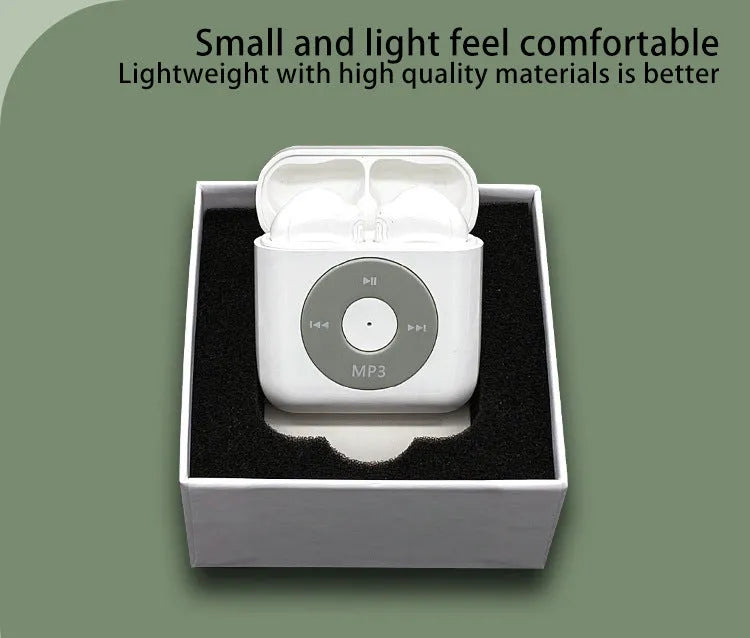 White semi in-ear wireless Bluetooth earphones with charging case showing noise reduction and call functionality