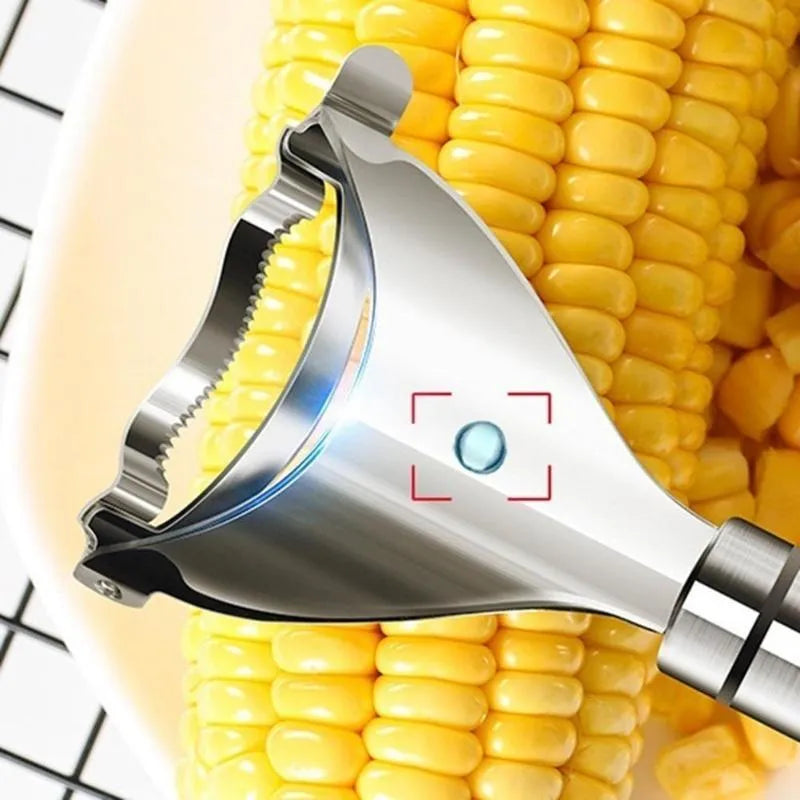 Stainless steel corn planer with 18 cm blade on a kitchen counter