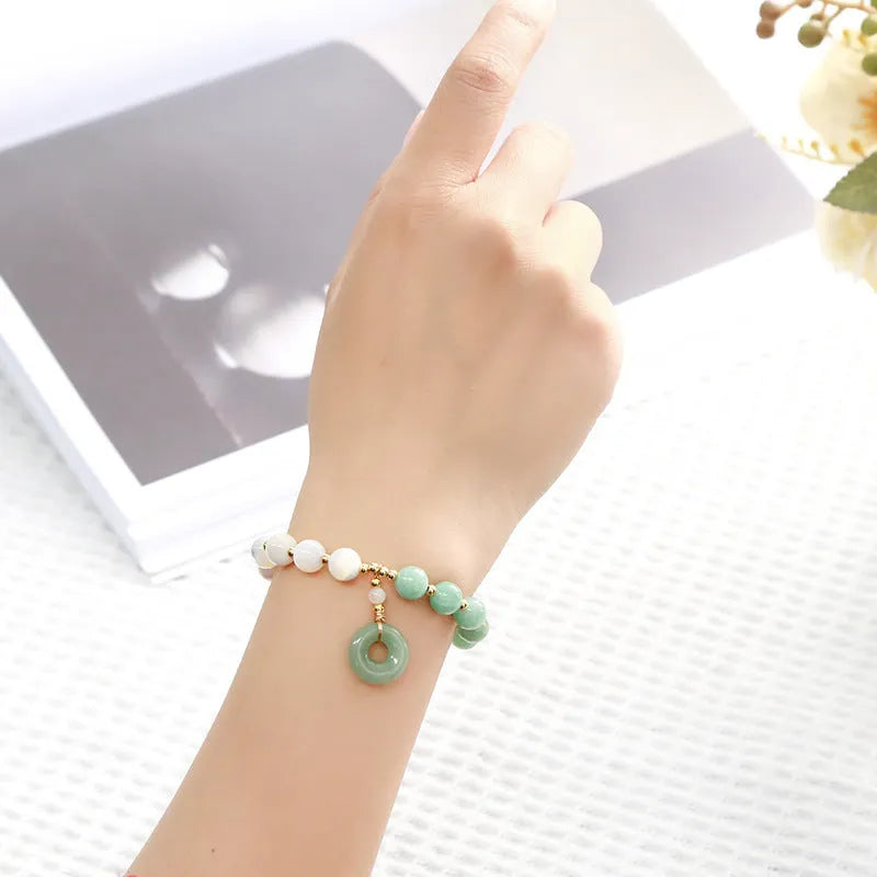 Natural horseshoe screw Burma jade safety buckle bracelet with 8mm blue beads and copper setting for women