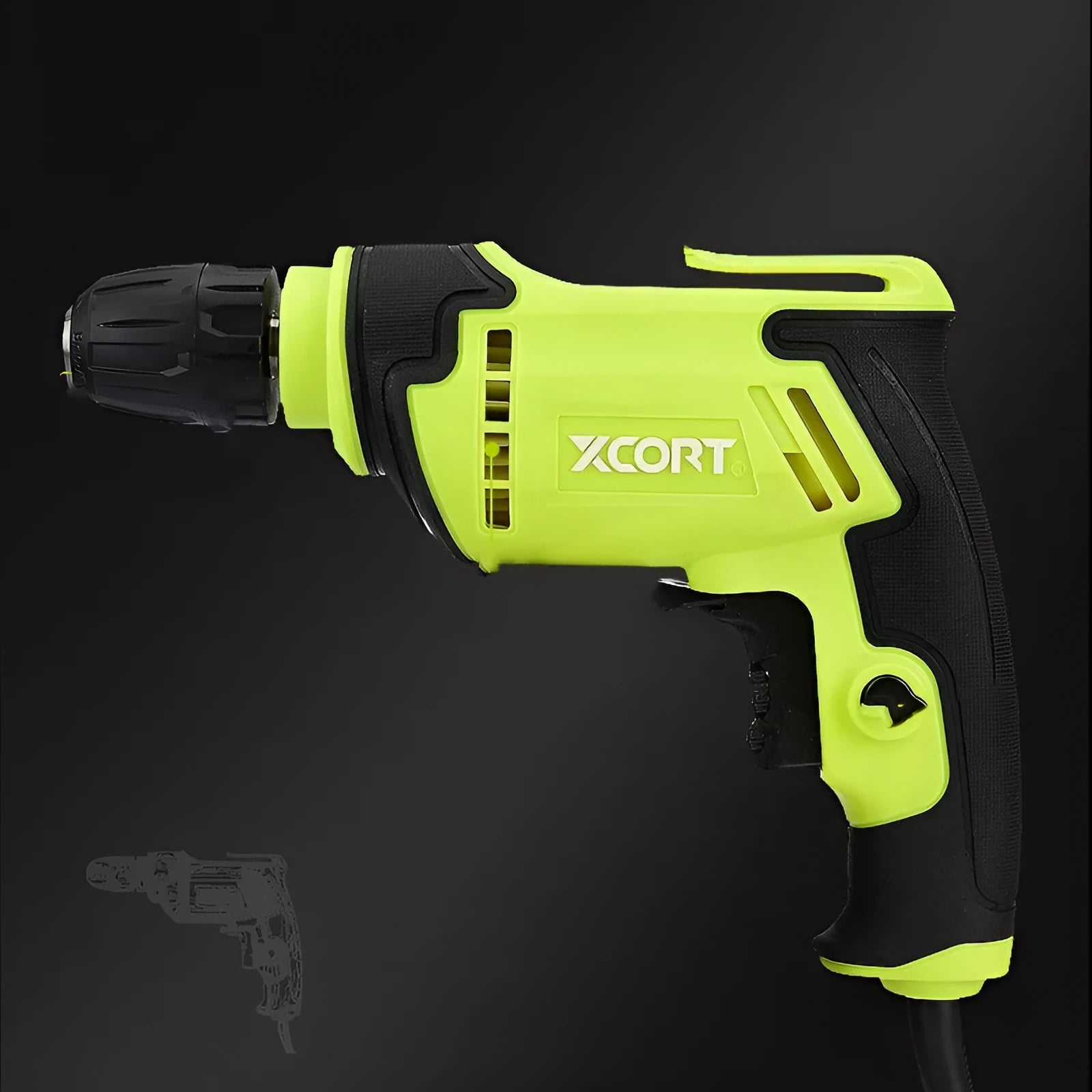 A black pistol-grip style AC electric drill with a 10mm chuck, shown on a workbench.