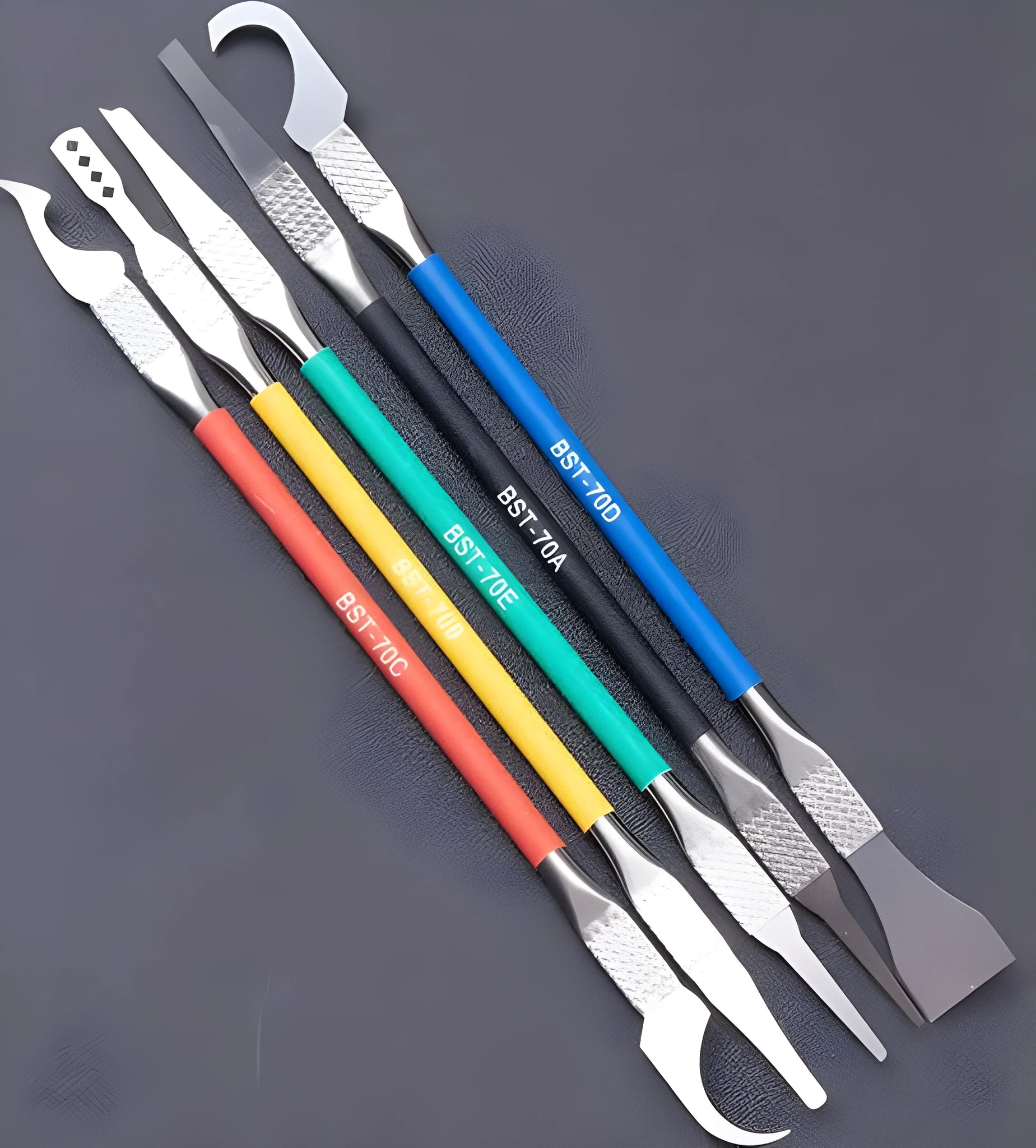 Five stainless steel pry tools with 0.07mm blades from Crowbar series for disassembling plastic components