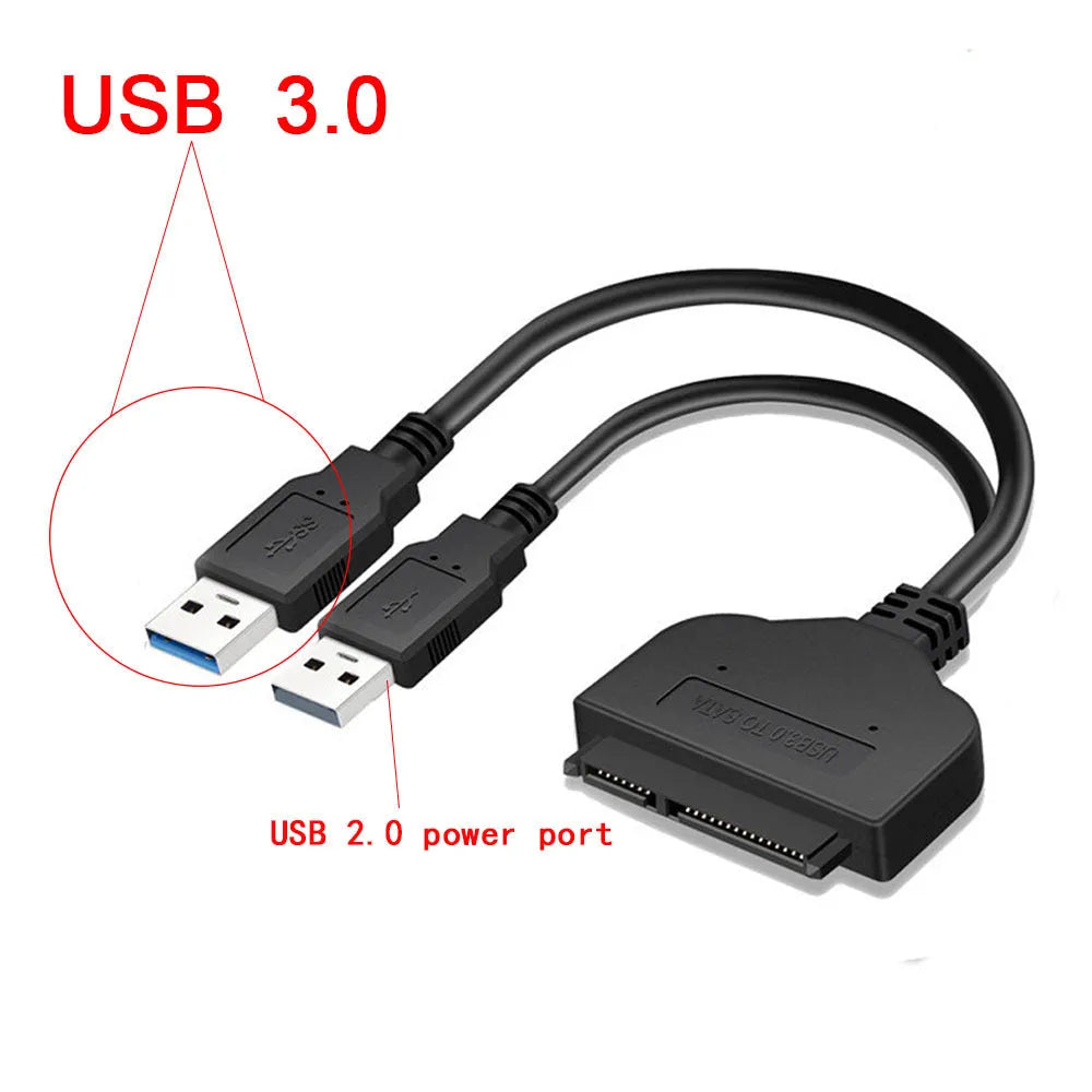 30cm SATA to USB external hard drive adapter cable with copper wire conductors on white background