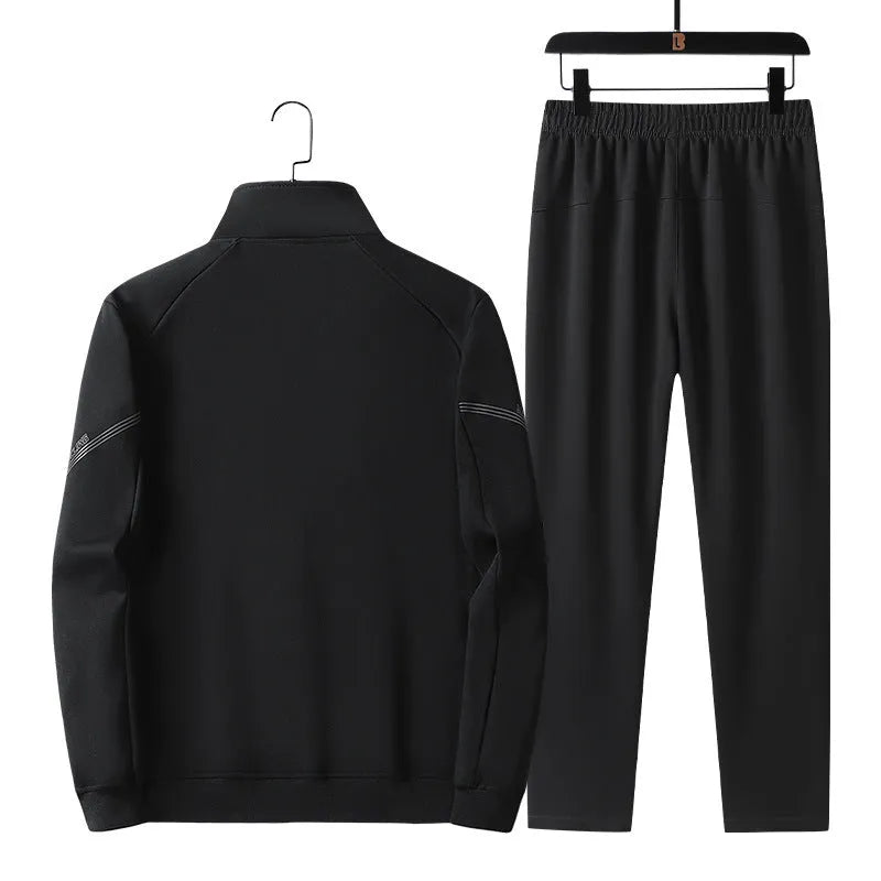 Men's plus size knitted cotton sports tracksuit set in black, dark blue, and grey for spring and autumn