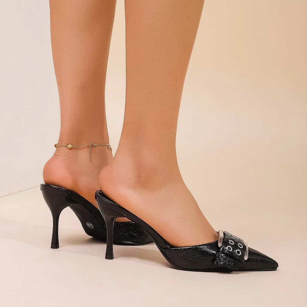 Women's black PU pointed toe high heels with buckle decoration on strap