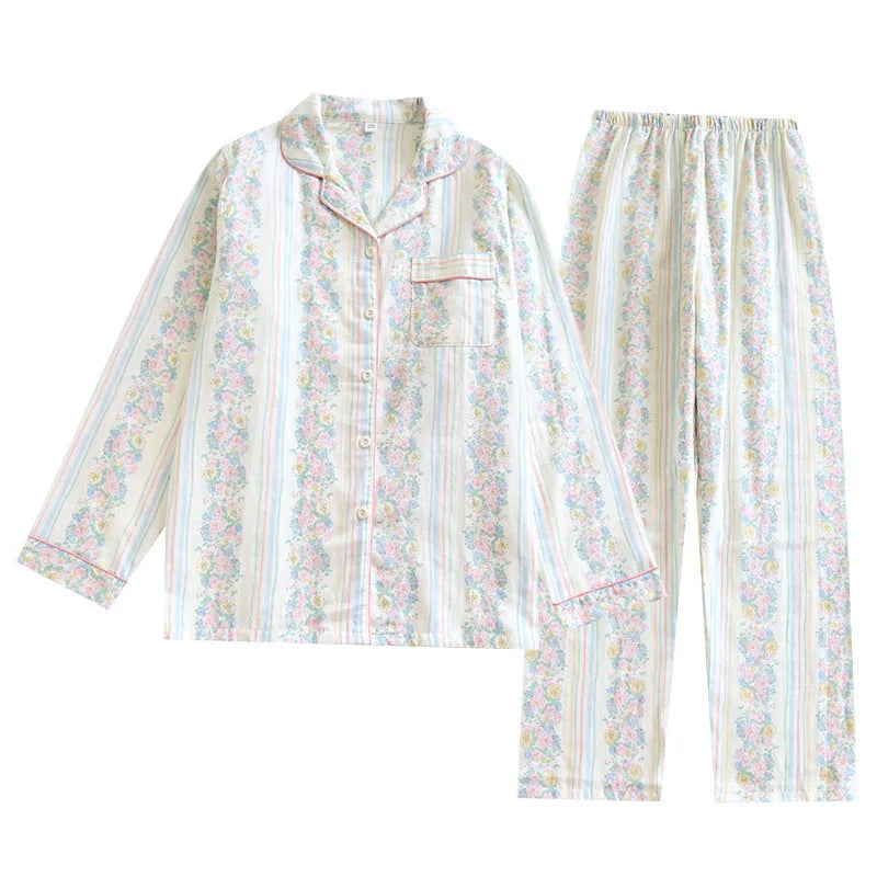 Japanese sweet ladies' cotton gauze two-piece homewear set with long sleeves and trousers in a striped pattern.