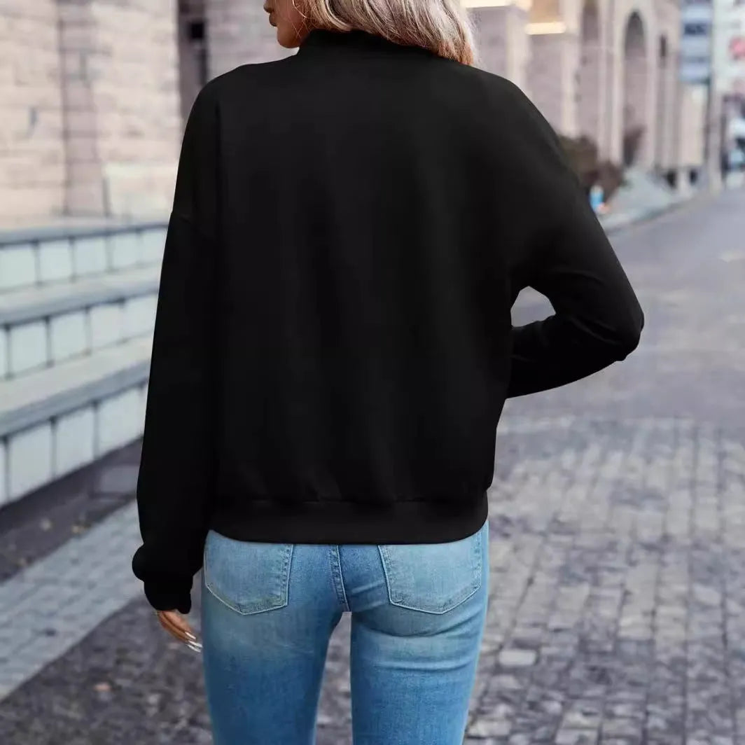 Black women's casual zip jacket with long sleeves and polyester fabric