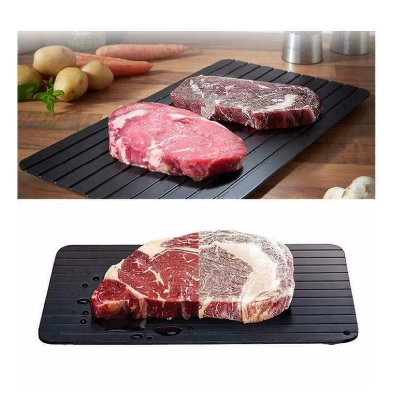 Black aluminium fast defrost tray 23x16.5cm on a countertop