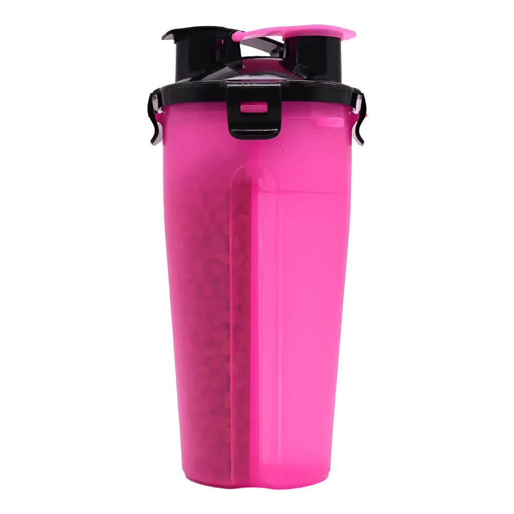 Portable 2-in-1 pet water cup in black, showing separate water and food compartments, PP material, 23cm x 11cm