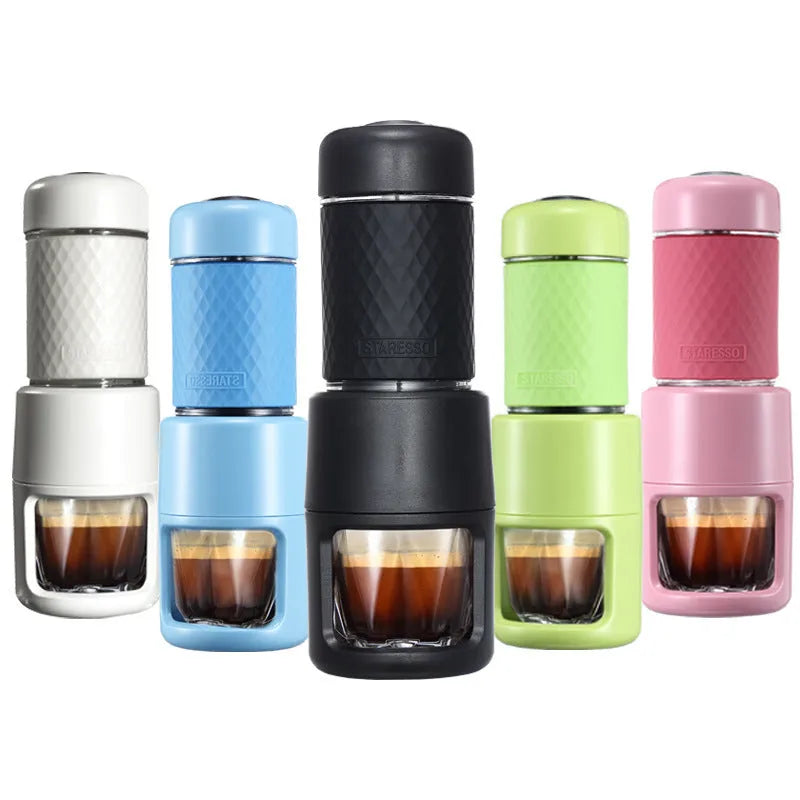 Portable manual espresso coffee machine in black, 7x7x20.3 cm, with hand-pressure lever and stainless steel build