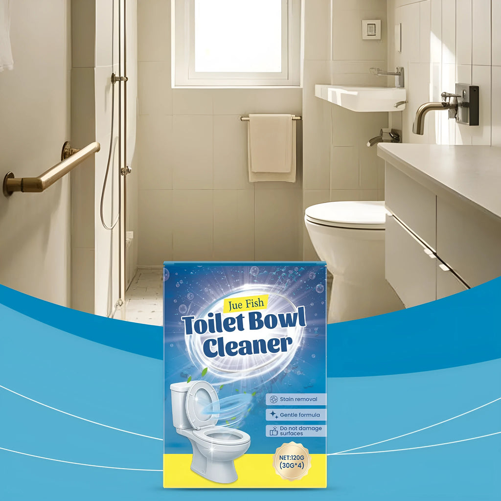 Four sachets of toilet cleaning powder showing 120g total weight with citric acid and bicarbonate ingredients