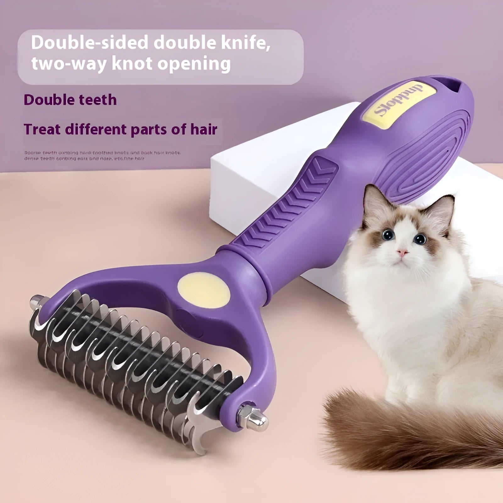 Purple double-sided plastic pet comb for dog and cat grooming with knot removal teeth