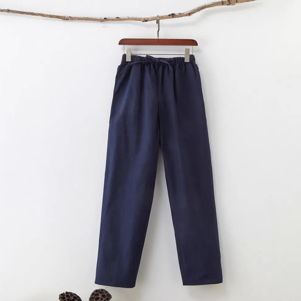 Men's solid colour pure cotton coarse fabric casual pants in beige with drawstring waist and mid rise