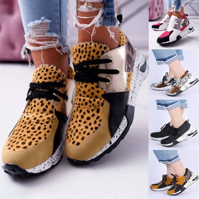 Women's suede casual sneakers with a wedge heel in leopard print colour.