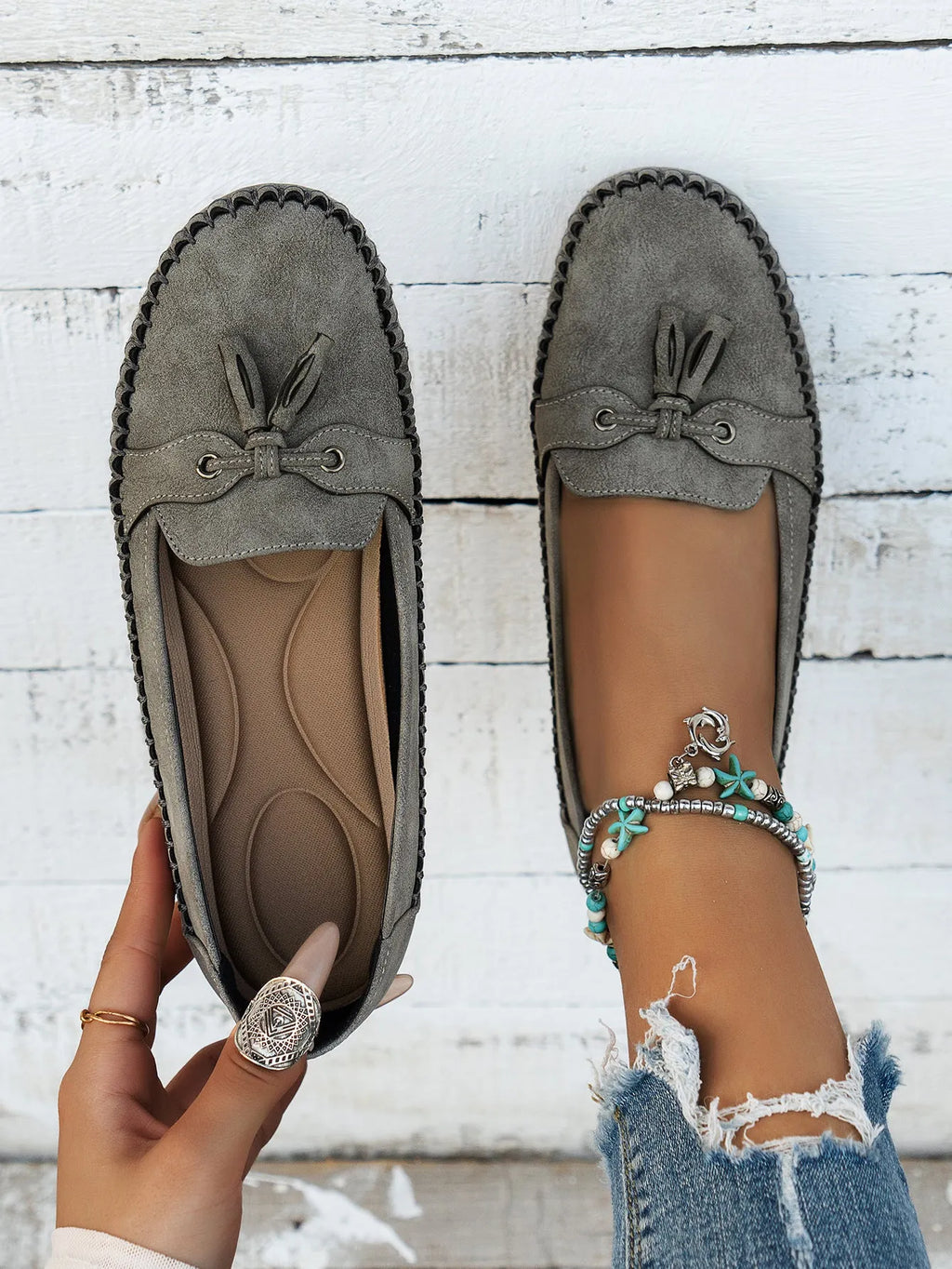 Women's suede bow flat shoes in pink with round toe and low flat heel