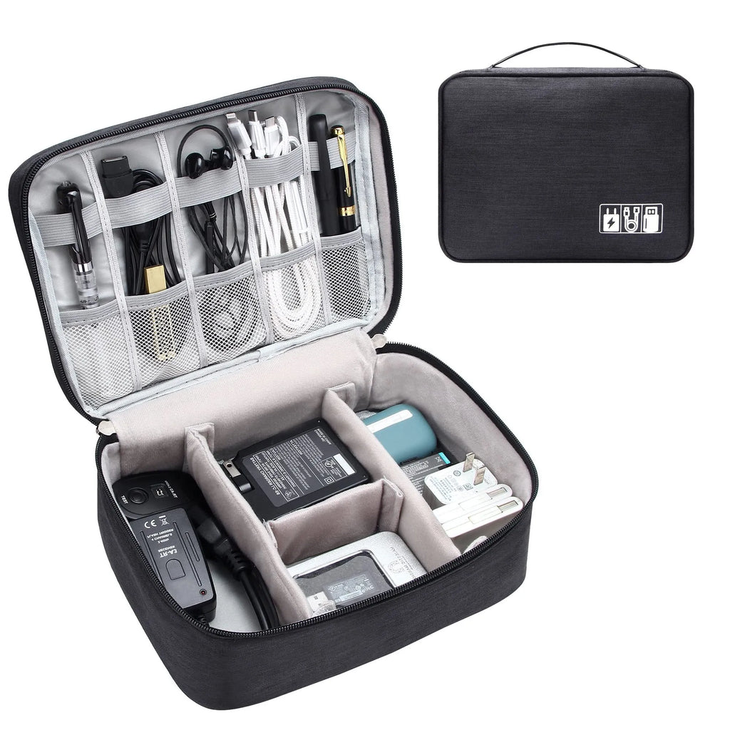 Black travel electronics organiser case with mesh pockets, elastic loops and removable padded dividers