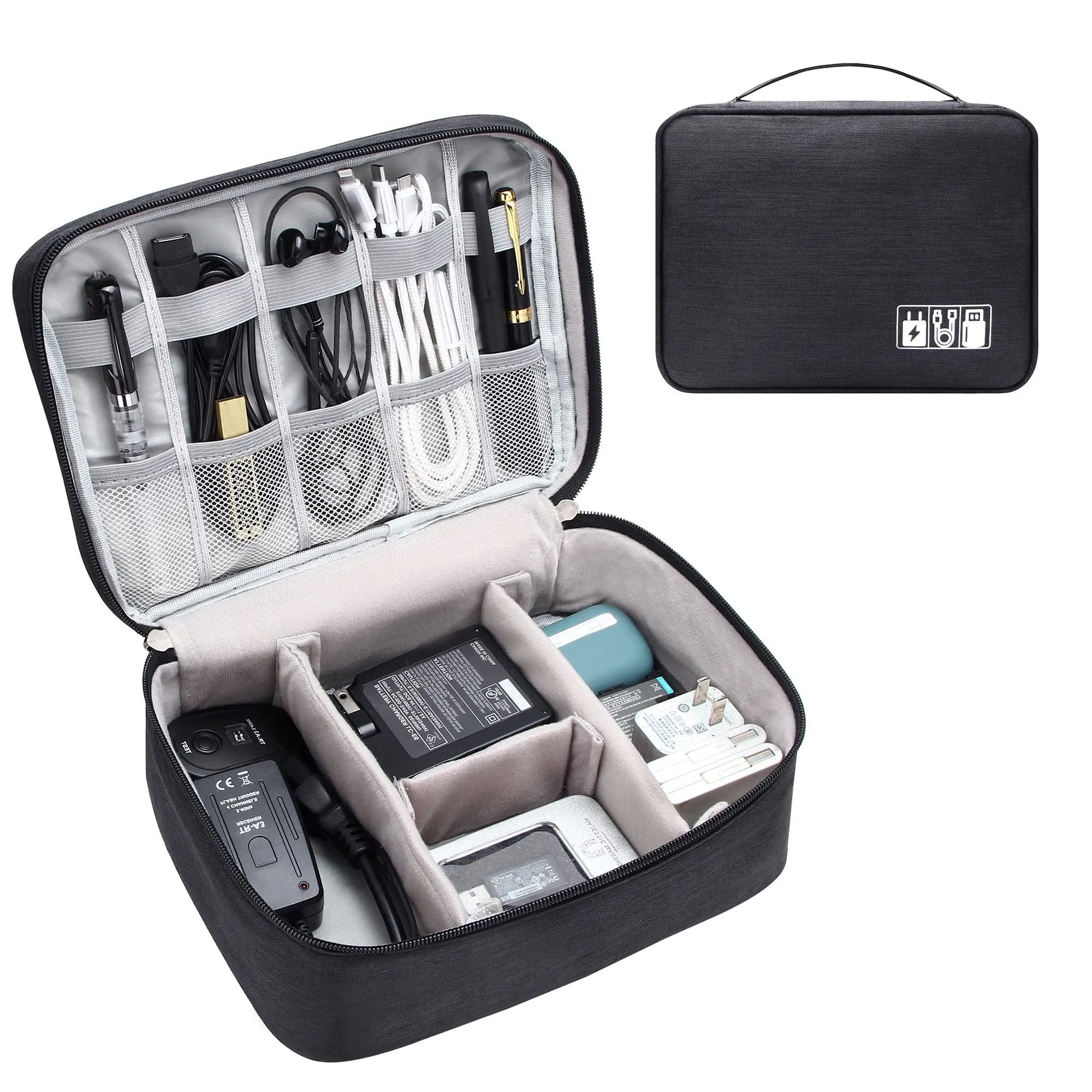 Black travel electronics organiser case with mesh pockets, elastic loops and removable padded dividers