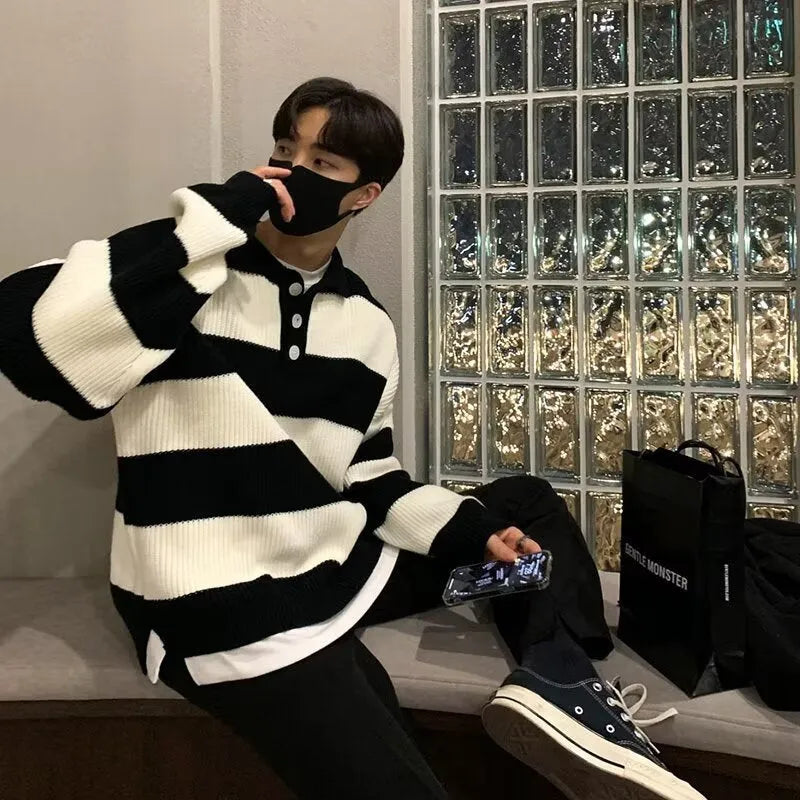 Men's loose striped pullover coat sweater in black, front view, long sleeves, polyester fibre knit