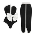 Black and white colour-block bow irregular tube top one-piece swimsuit for women with long skirt option