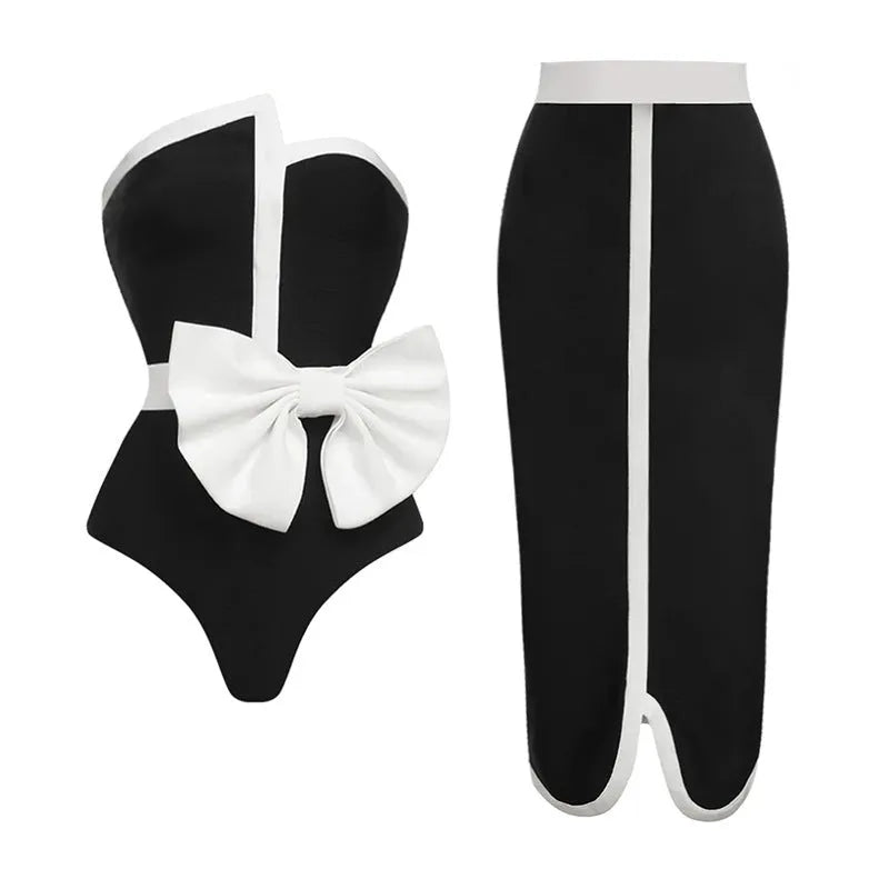 Black and white colour-block bow irregular tube top one-piece swimsuit for women with long skirt option