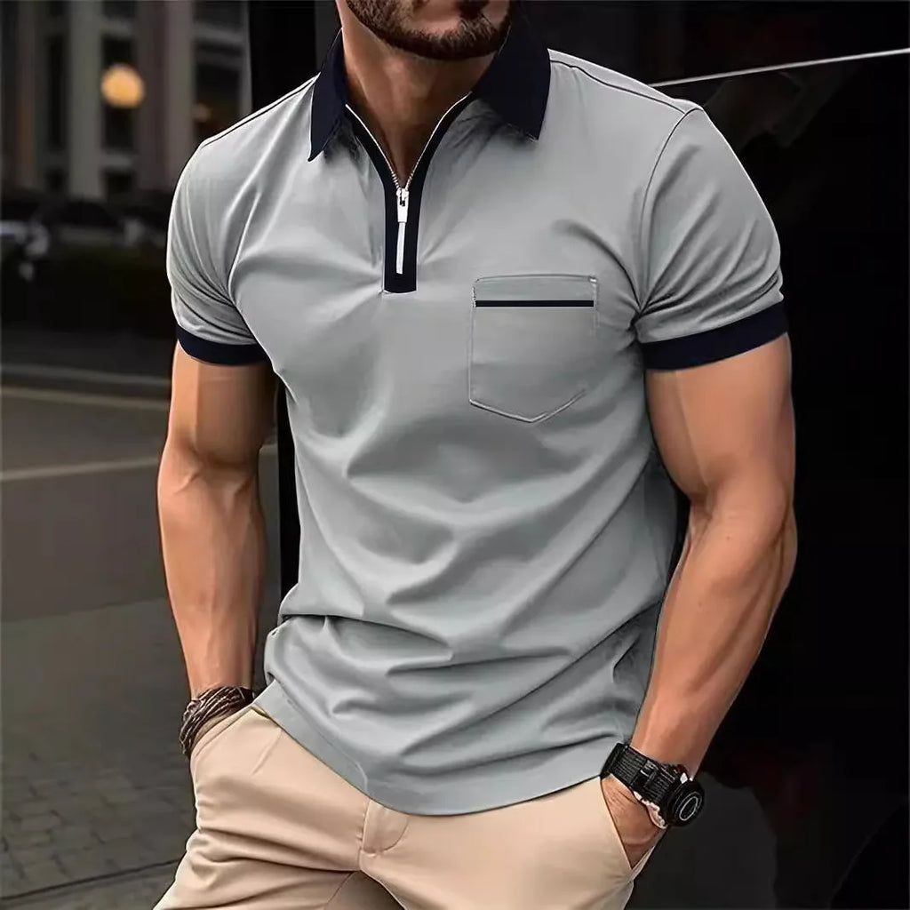 Men's casual short sleeve shirt with chest pocket and zipper decorations in chemical fibre blend fabric